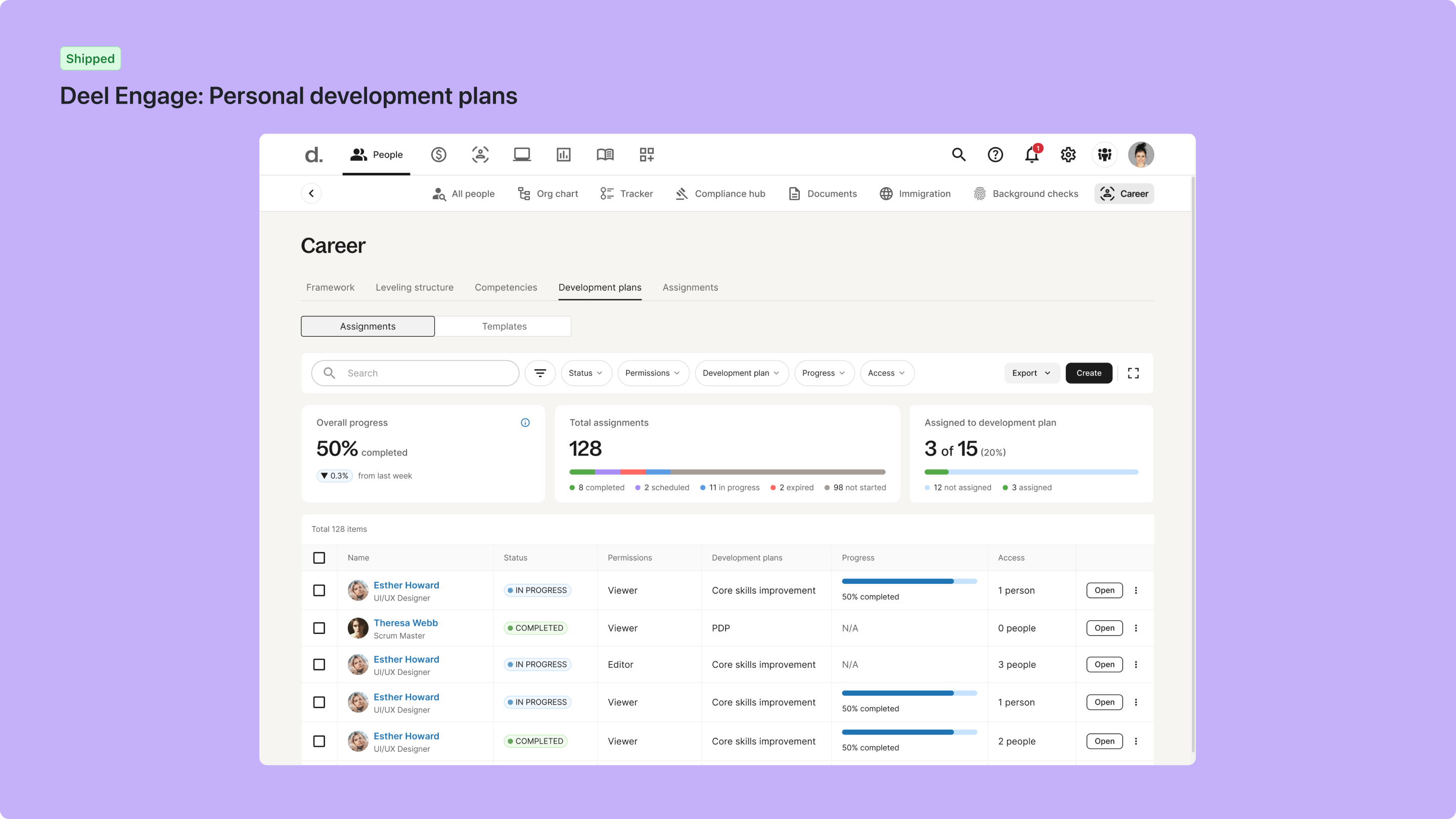 Deel Engage career and performance product UI — 4 of 9