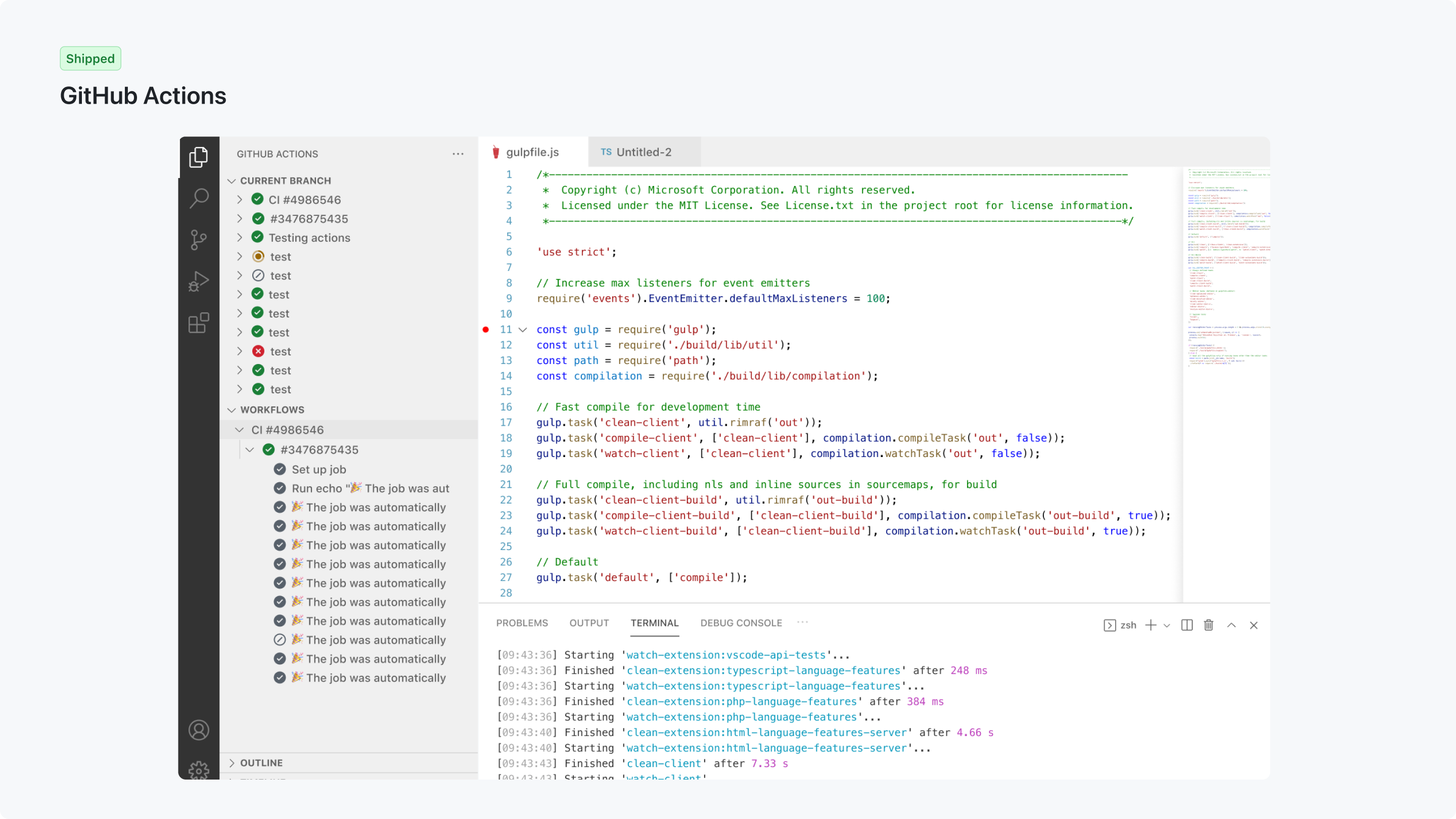 GitHub Actions product and VS Code integration UI — 1 of 7