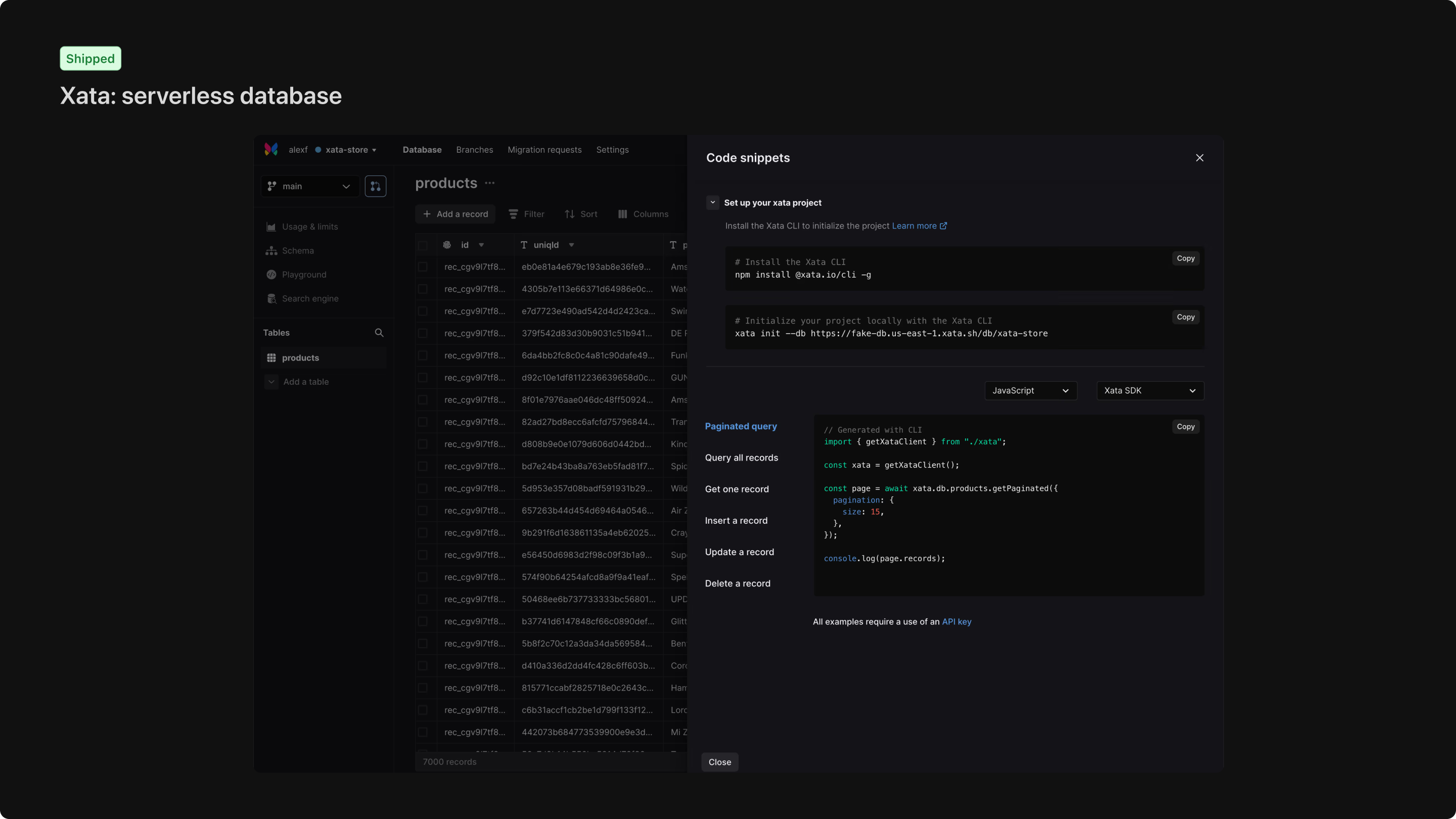 Xata — code snippets modal, search engine with column boosters, and architecture (API, Postgres, S3, Cloudflare CDN) — 1 of 3